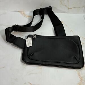 Unisex Black Faux Leather Crossbody Sling Bag Adjustable Strap Travel Pouch‎